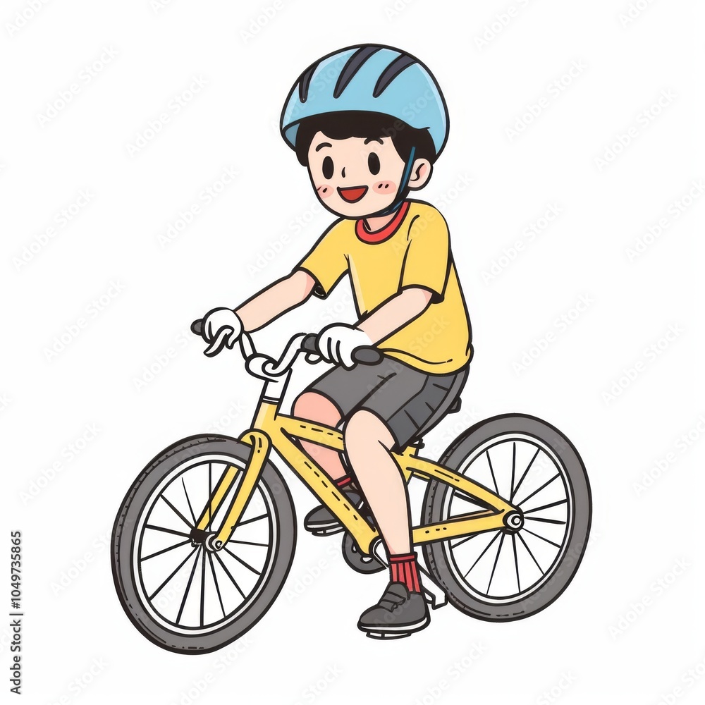 Fototapeta premium a boy is riding a yellow bicycle