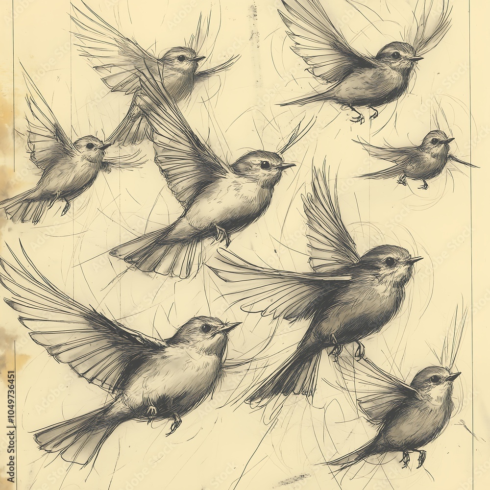 Fototapeta premium Black and white sketch of birds in various poses, depicted in a simple, minimalist style