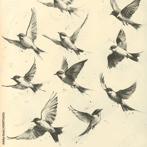 Black and white sketch of birds in various poses, depicted in a simple, minimalist style photo