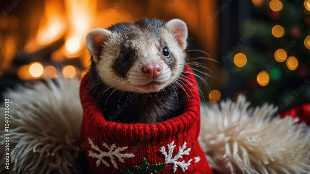 A ferret wearing a festive red sweater sits cozily by a fireplace adorned with holiday lights. A ferret wearing a festive red sweater sits cozily by a fireplace adorned with holiday lights.