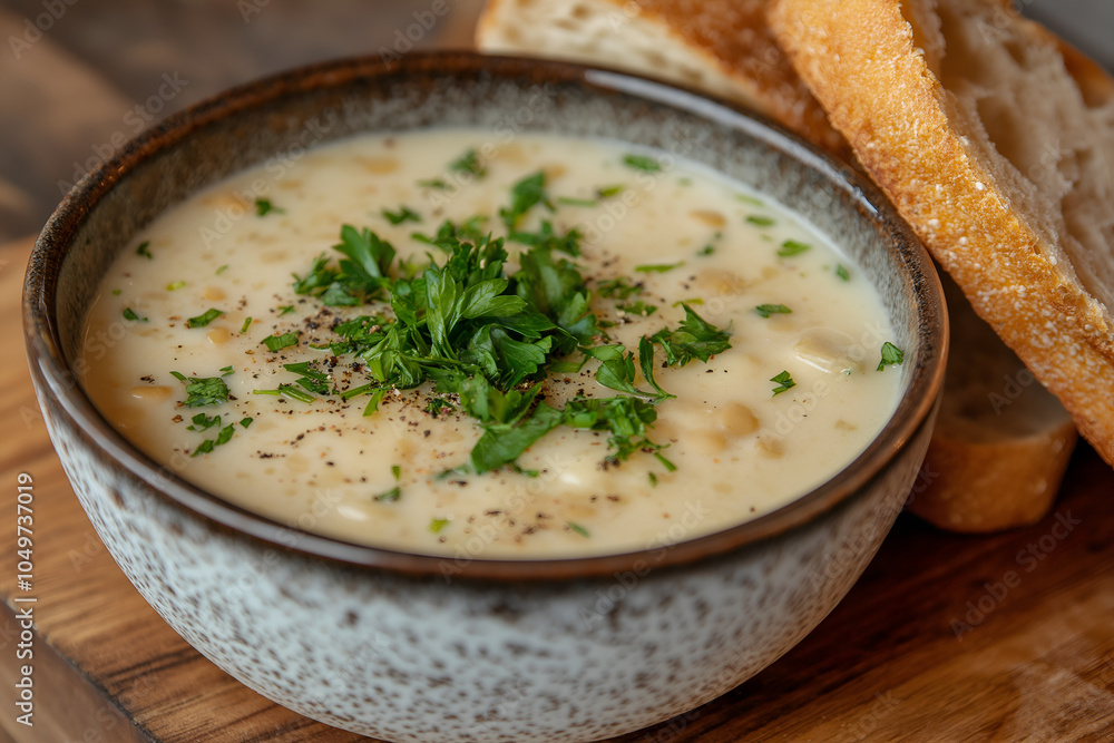 Hearty vegan lentil soup in a bowl, topped with fresh parsley and accompanied by crusty bread on a wooden surface, Vegan food photography