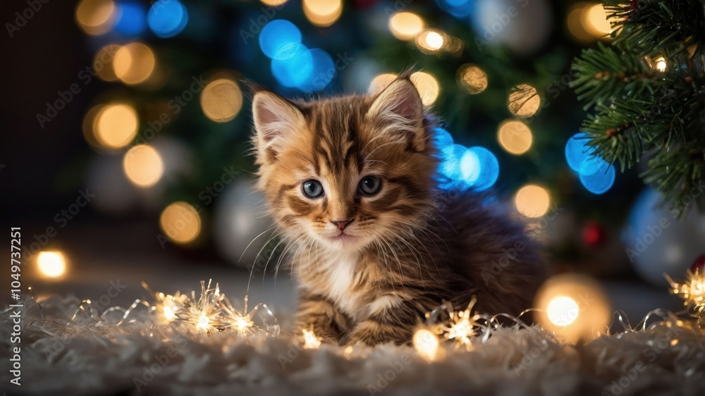 A playful kitten sits among festive lights and decorations, capturing a warm holiday spirit. A playful kitten sits among festive lights and decorations, capturing a warm holiday spirit.
