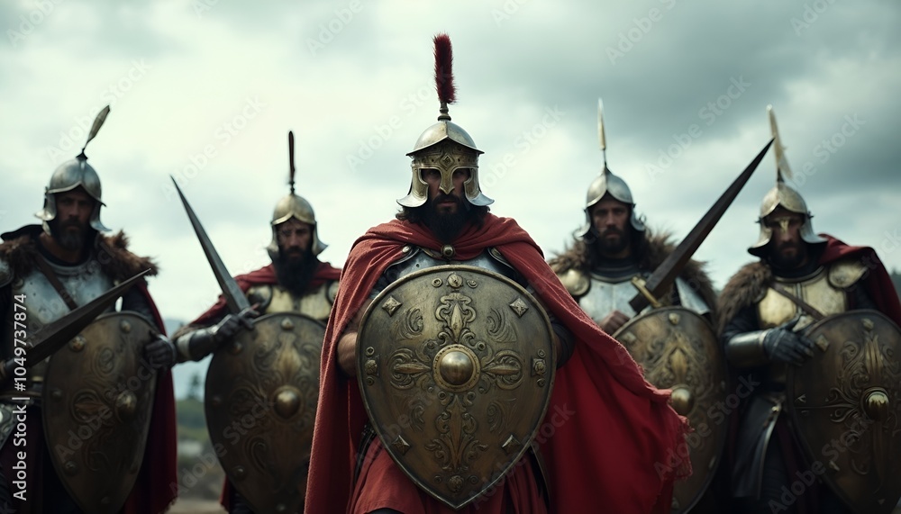 Naklejka premium a group of knights with armor and armor with a red cape.