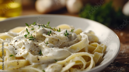 A bowl of pasta with a white sauce and herbs on top