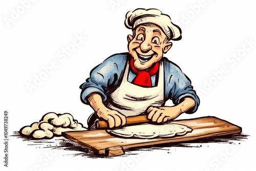 Cheerful cartoon baker rolling dough on a wooden board with a cloud of flour beside him.