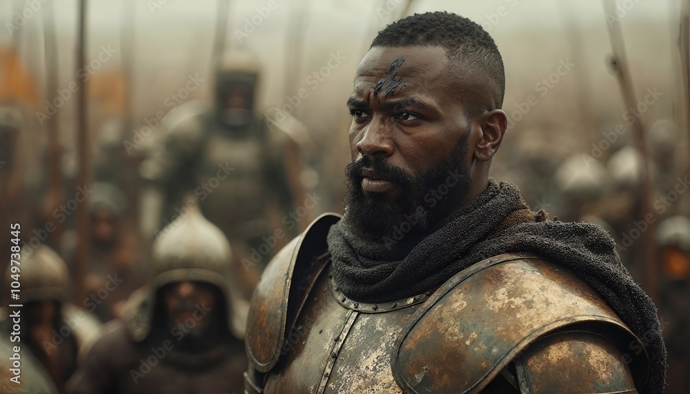 a man with a black beard and a black bandana on his head stands in front of a group of other men. a man with a black beard and a black bandana on his head stands in front of a group of other men.