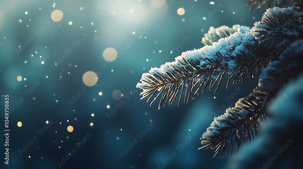 Macro shot of snow-covered pine needles, surrounded by softly falling snowflakes and distant bokeh light effects. Macro shot of snow-covered pine needles, surrounded by softly falling snowflakes and distant bokeh light effects.