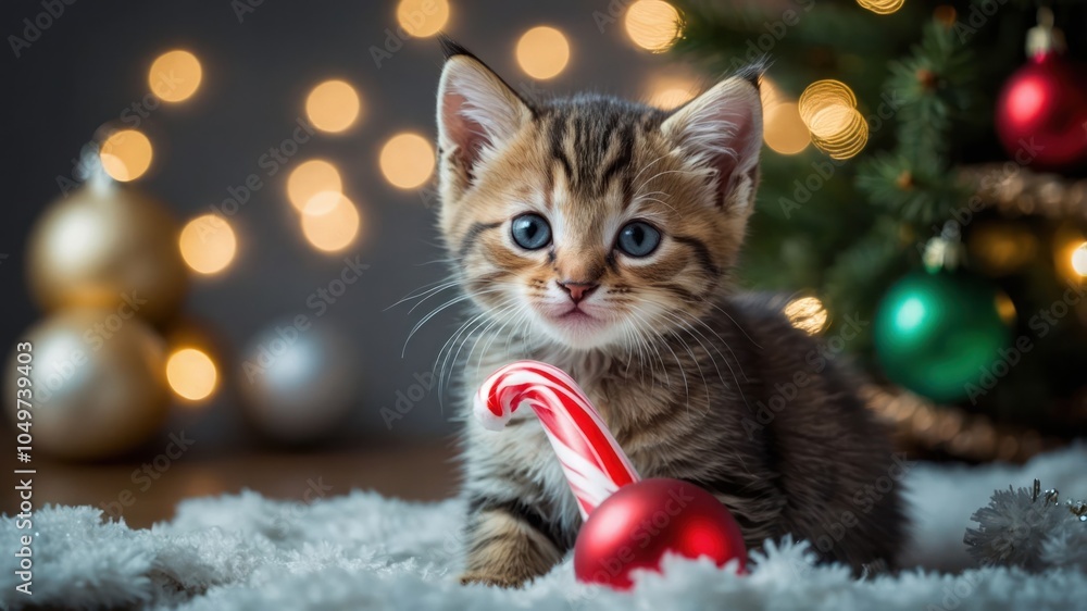 A playful kitten surrounded by festive decorations and a candy cane. A playful kitten surrounded by festive decorations and a candy cane.