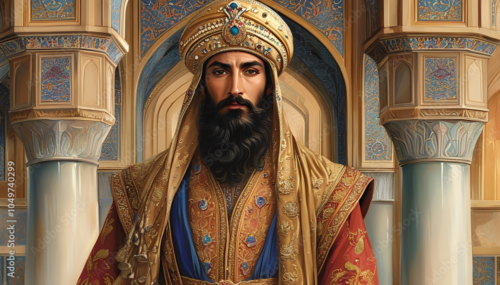 Obraz premium A realistic digital illustration of a Persian prince from the ancient empire, wearing armor mixed with elegant clothing, such as a patterned cloak and golden armbands