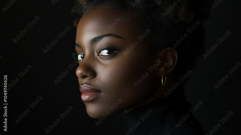 Elegant portrait of a young woman with natural hair in low light, showcasing her striking features Elegant portrait of a young woman with natural hair in low light, showcasing her striking features