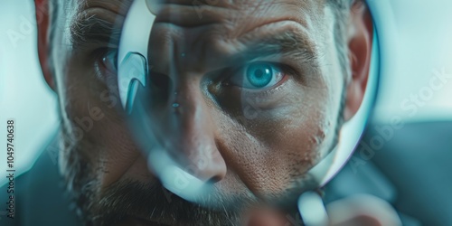 Businessman looking through a magnifying glass, searching, monitoring the situation, Generative AI.