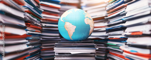 Abstract image of a digital globe surrounded by policy documents, concept of global economic governance