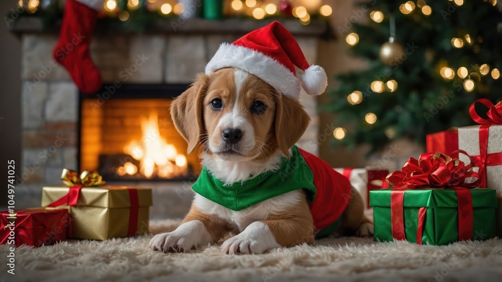 A cute puppy in a festive setting with Christmas decorations and gifts. A cute puppy in a festive setting with Christmas decorations and gifts.
