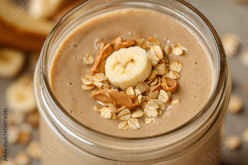 Vegan protein smoothie in a glass jar, filled with banana, peanut butter, oats, and plant-based protein powder, Vegan food photography