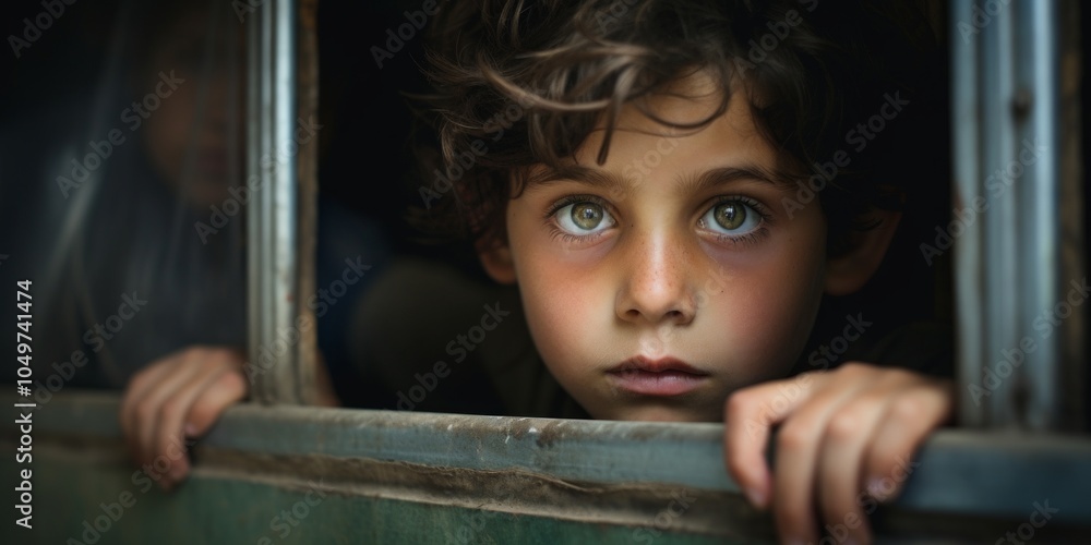 A lonely sad boy looks through the window of a moving train. Homeless orphan. Generative AI. A lonely sad boy looks through the window of a moving train. Homeless orphan. Generative AI.