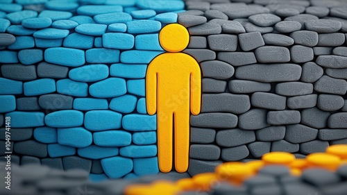 Illustration of a yellow figure on textured colorful stones.