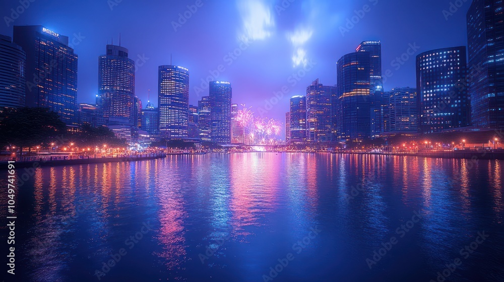 Fototapeta premium A stunning night cityscape with a river reflecting vibrant fireworks over the city skyline.