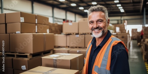 A middle-aged man working in a warehouse sending parcels with boxes. Generative AI.