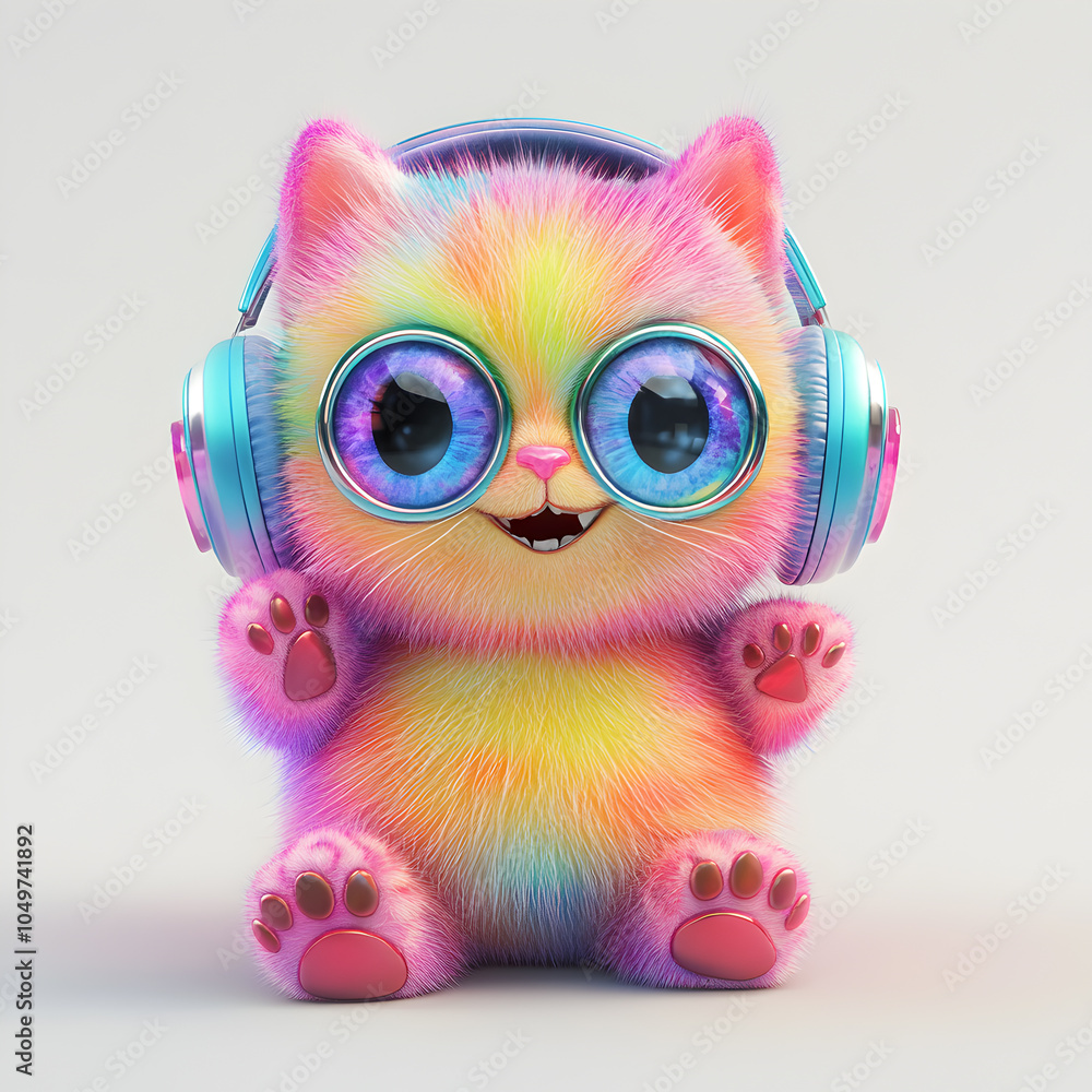 Obraz premium A cute, rainbow-colored cat wearing headphones and glasses.