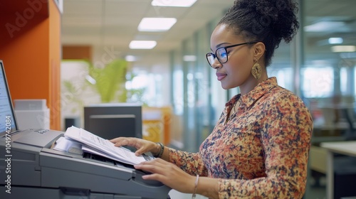 Business office showcases a woman operating a photocopier while focusing on printing and copying documents. Employee managing essential office technology. Paperwork for corporate tasks