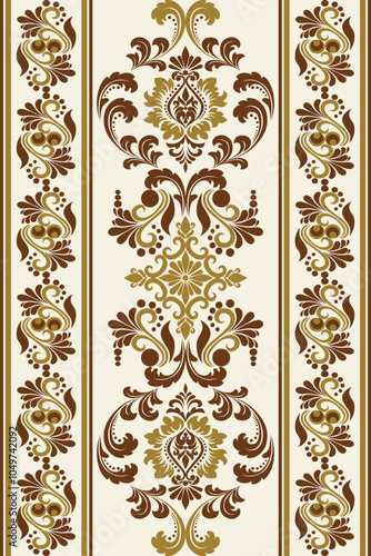 Elegant Vintage Ornamental Pattern with Floral Motifs in Warm Gold and Brown Tones