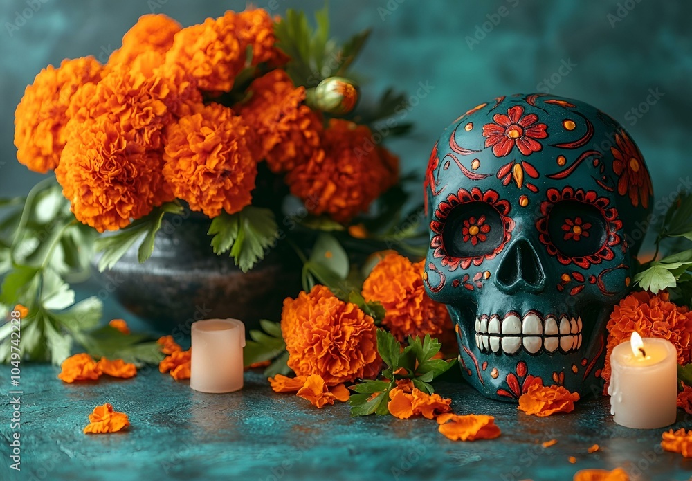 Skull with Flowers and Candle Skull with Flowers and Candle