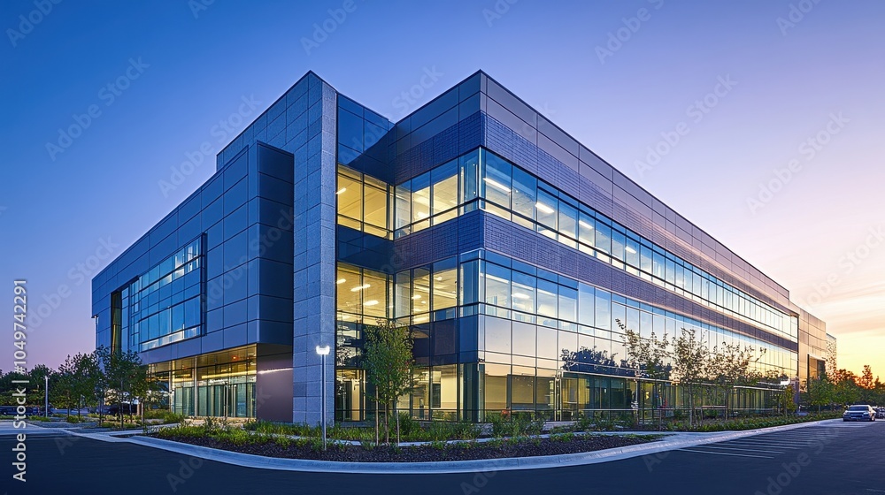 Obraz premium Corporate office building with modern architecture symbolizing organizational values and excellence; glass facade, contemporary design, and advanced amenities set a bold city presence and identity