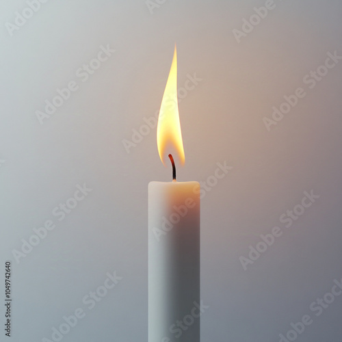 White candle in the middle burning, white background