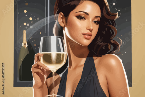 woman with V-neck bodysuits and b a glass of champagne