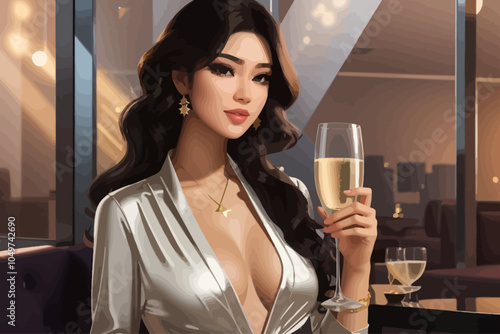 woman with V-neck bodysuits and b a glass of champagne