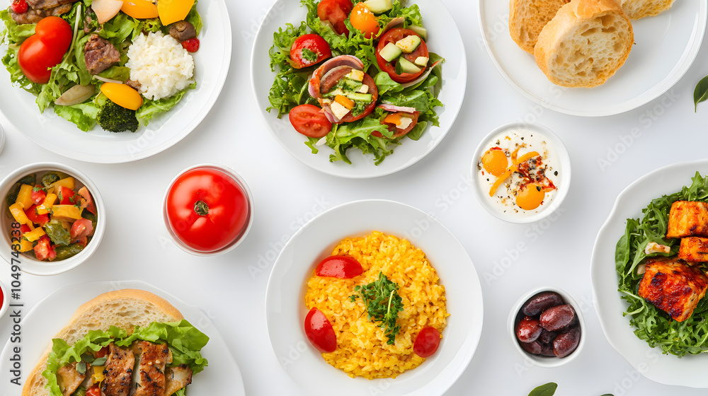 A table full of plates of food, including a variety of salads, sandwiches A table full of plates of food, including a variety of salads, sandwiches