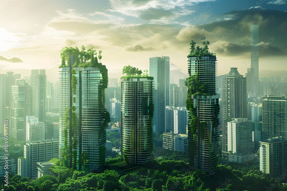 Obraz premium futuristic cityscape with flourishing greenery symbolizes sustainable living