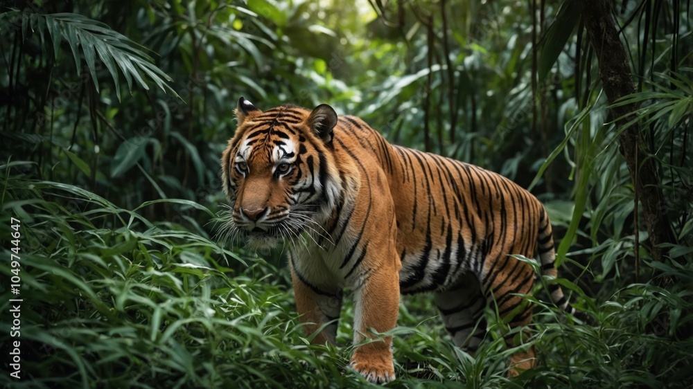 A tiger prowls through dense jungle foliage, showcasing its natural habitat and beauty. A tiger prowls through dense jungle foliage, showcasing its natural habitat and beauty.