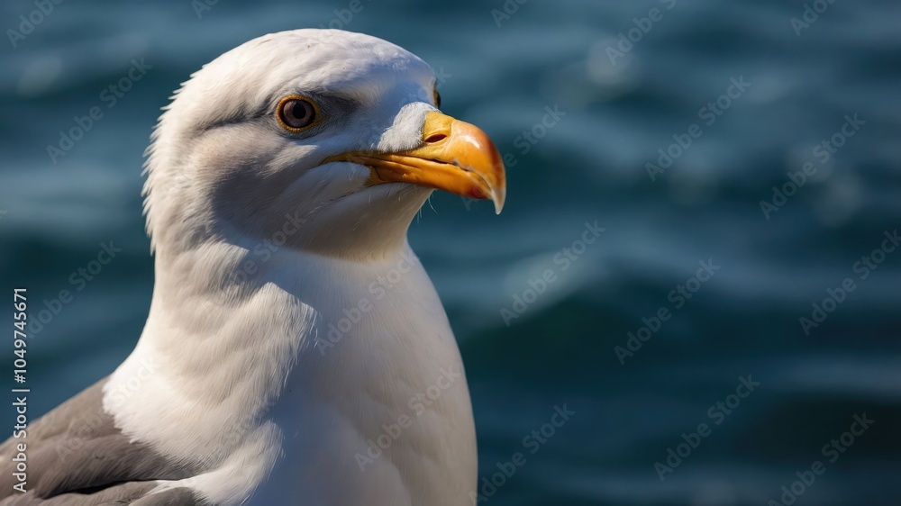 Close-up of a seagull with a blurred ocean background. Close-up of a seagull with a blurred ocean background.