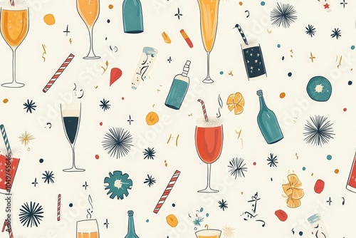 Seamless pattern with drinks, bottles, and festive elements. Perfect for backgrounds, wrapping paper, or party decorations.