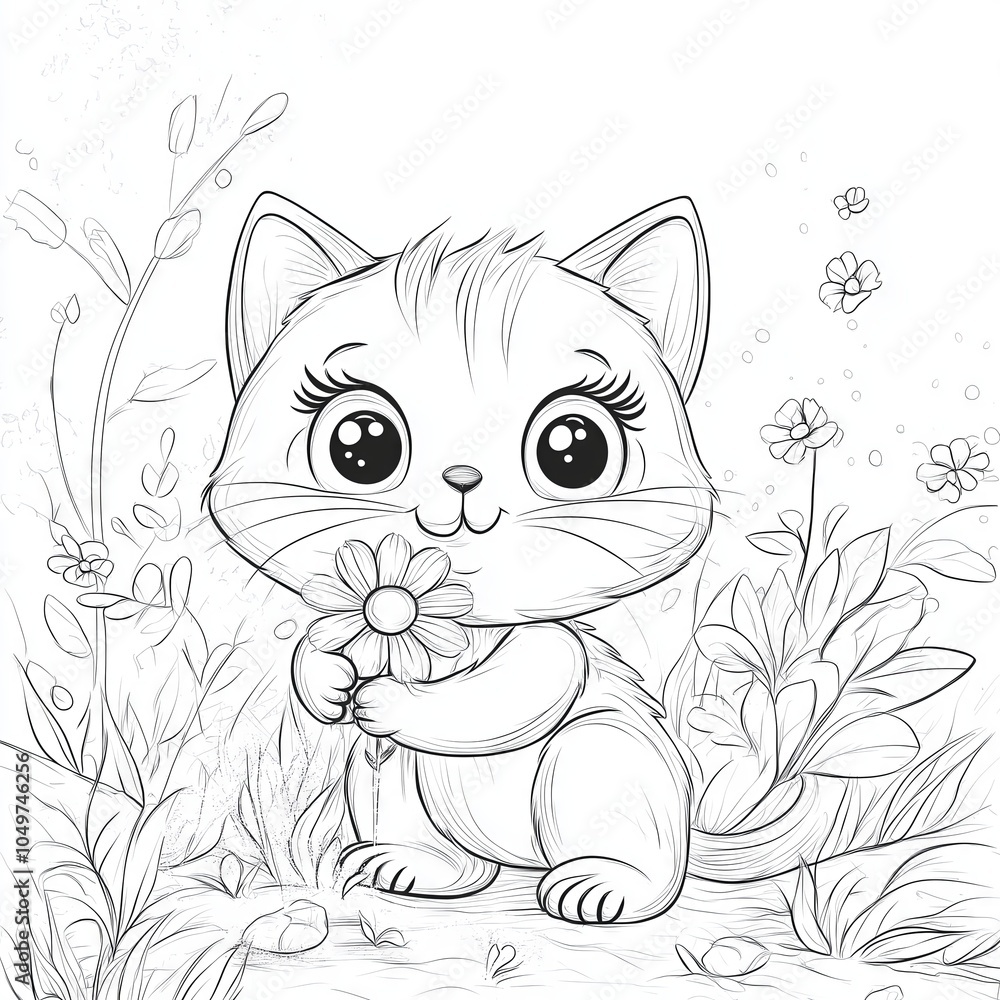 Obraz premium Adorable kitten holding a daisy flower in a meadow coloring page