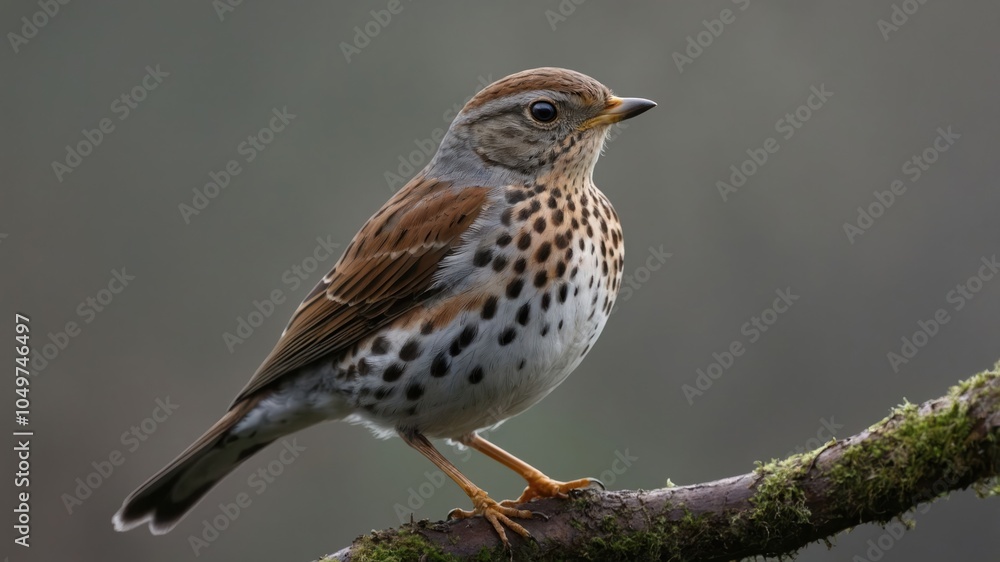 A close-up of a speckled bird perched on a mossy branch in a natural setting. A close-up of a speckled bird perched on a mossy branch in a natural setting.