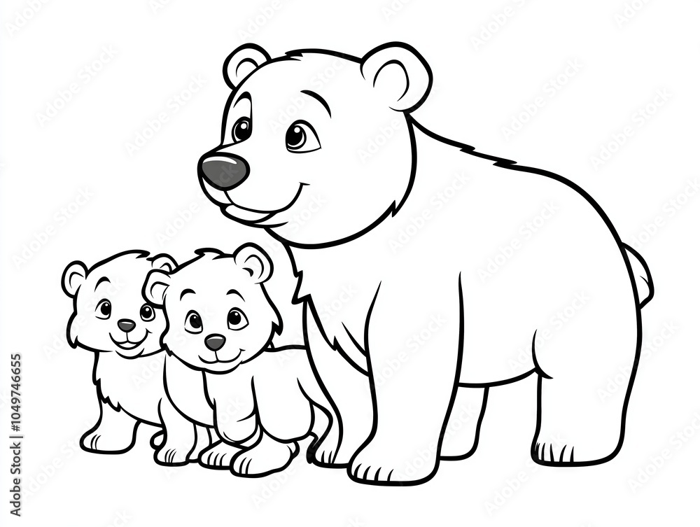 Fototapeta premium Mama bear protecting her two cubs coloring page