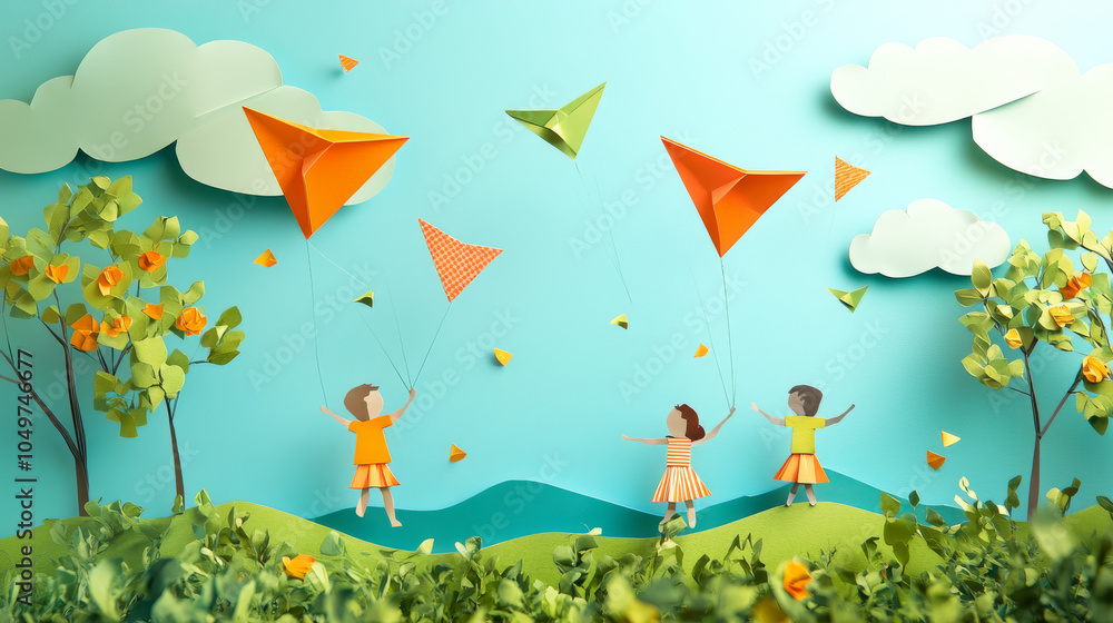 Fototapeta premium Children fly kites in a happy setting, representing a message about protecting the environment and saving energy. The scene is made with colorful paper, giving it a playful 3D look.