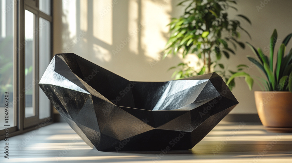 Modern geometric black chair in a sunlit indoor space surrounded by greenery Modern geometric black chair in a sunlit indoor space surrounded by greenery
