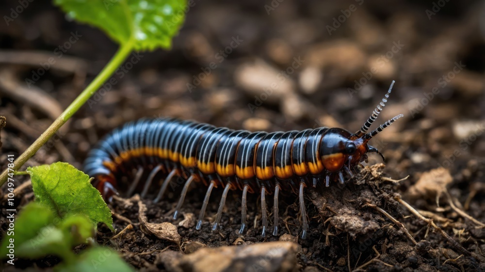 A close-up of a colorful millipede crawling on soil among leaves. A close-up of a colorful millipede crawling on soil among leaves.