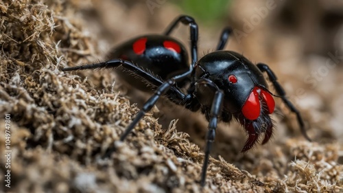 A close-up of a black spider with red markings on its body, showcasing its intricate details. photo