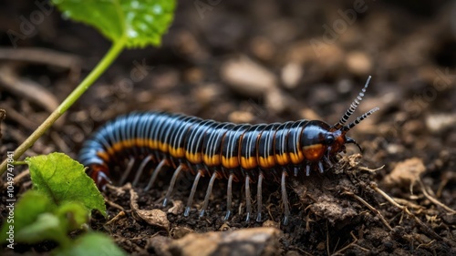 A close-up of a colorful millipede crawling on soil among leaves.