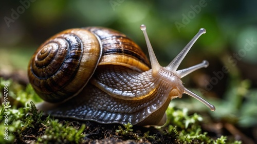 A close-up of a snail on moss, showcasing its spiral shell and tentacles.