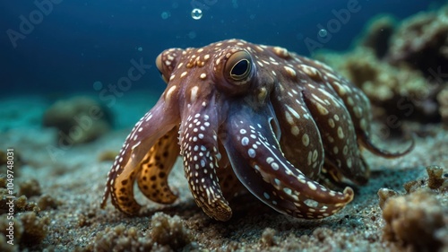 A close-up of a colorful octopus resting on the ocean floor, showcasing its unique patterns. photo