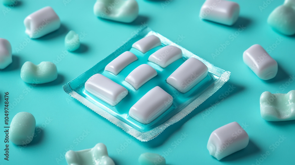 A pack of mint-flavored chewing gum. It's designed for dental hygiene and looks like a cartoon drawing. A pack of mint-flavored chewing gum. It's designed for dental hygiene and looks like a cartoon drawing.