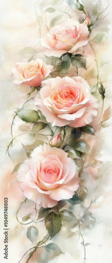 Obraz premium A delicate arrangement of pink roses with soft green leaves, conveying a sense of elegance and tranquility, perfect for floral-themed designs and romantic illustrations.