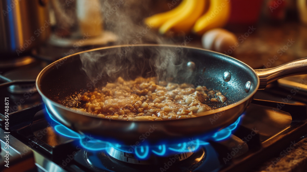 Food is sizzling in a pan on the stove. The gas flame is blue, and there are bananas in the background. Food is sizzling in a pan on the stove. The gas flame is blue, and there are bananas in the background.