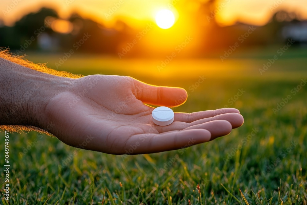 A person taking anxiety medication, sitting in a peaceful park with the pill in one hand and a calm expression as they breathe deeply A person taking anxiety medication, sitting in a peaceful park with the pill in one hand and a calm expression as they breathe deeply