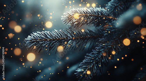 Wallpaper Mural Winter pine branches dusted with snow, surrounded by glowing bokeh lights and gently falling snow. Torontodigital.ca